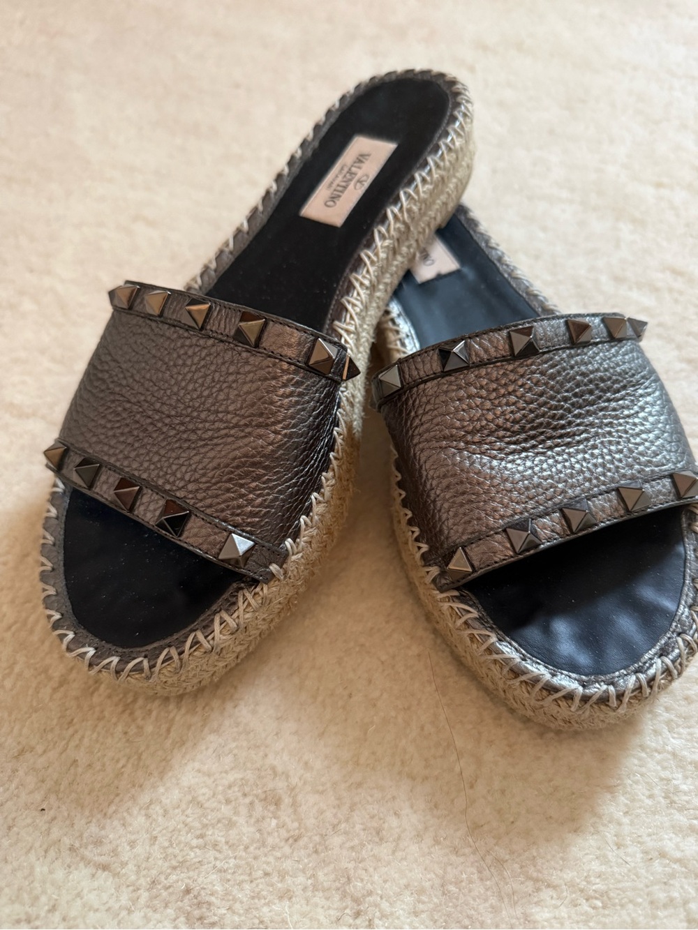 Valentino Garavani Pewter Studded Espadrille Slide
